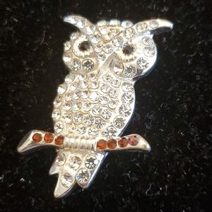 Silvertone rhinestones owl pin clear black brown
